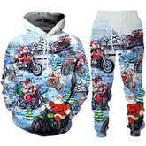 Fleece-lined hoodie and joggers with colorful Santa Claus motorcycle print, winter scene, relaxed fit.