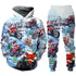 Fleece-lined hoodie and joggers with colorful Santa Claus motorcycle print, winter scene, relaxed fit.