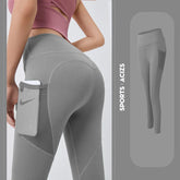 High-waisted gray athletic leggings with side pocket, slim fit, stretch fabric, sporty style