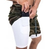 Camouflage cargo shorts with white compression liner, side pocket, and drawstring waist, worn for active fit