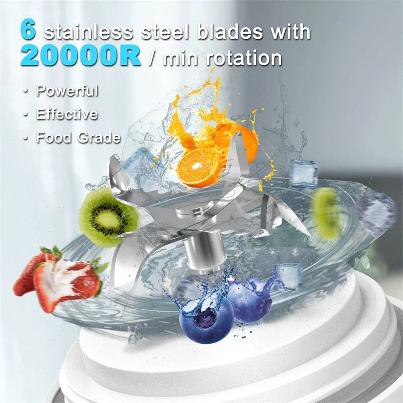 Blender with six stainless steel blades crushing fruit and ice, high speed food processor.