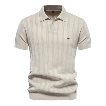 Beige short sleeve knit polo shirt with textured vertical stripes and relaxed fit