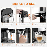 Six-step guide for using an espresso coffee machine with water tank, milk reservoir, portafilter, and milk frother.
