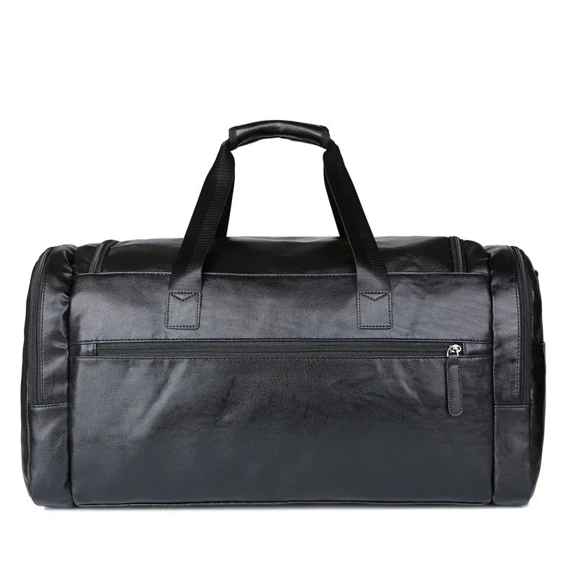 Sleek black leather duffel bag with zipper pocket and sturdy handles, modern street style