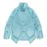 Light blue denim jacket with textured sleeves, oversized fit, and unique geometric stitching.