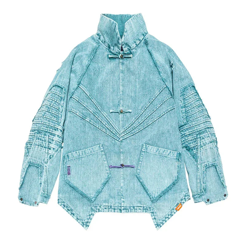 Light blue denim jacket with textured sleeves, oversized fit, and unique geometric stitching.