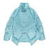 Light blue denim jacket with textured sleeves, oversized fit, and unique geometric stitching.