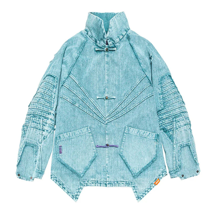 Light blue denim jacket with textured sleeves, oversized fit, and unique geometric stitching.