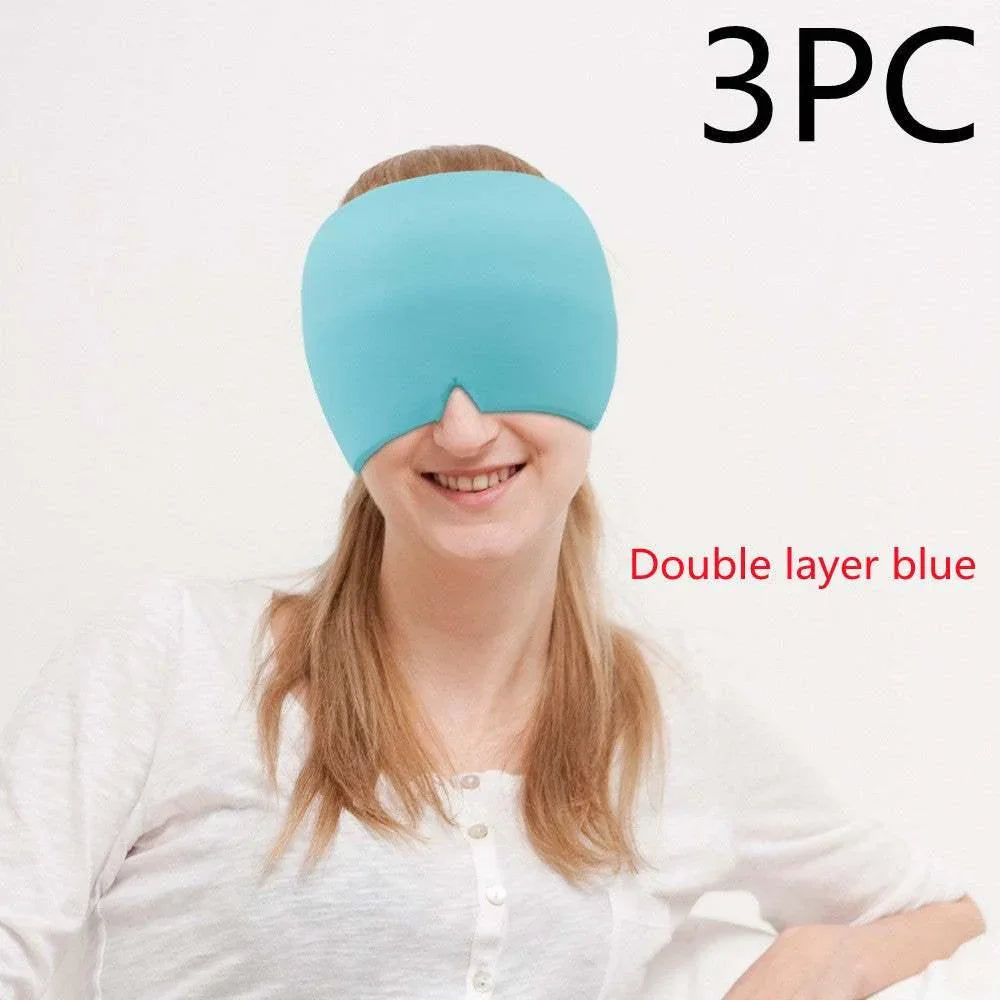 Woman wearing double layer blue eye mask, soft fabric, relaxed fit for sleep or relaxation
