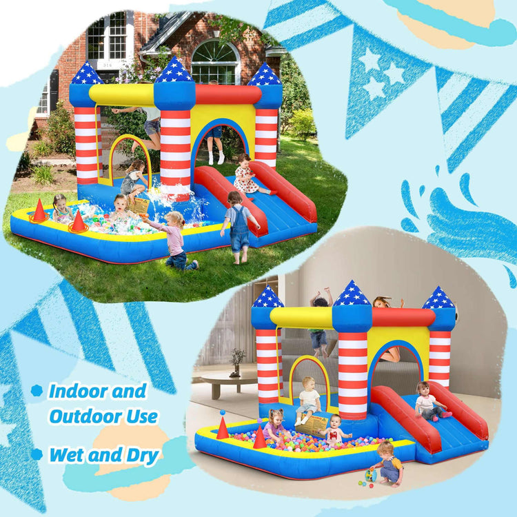 Kids playing in a colorful inflatable bounce house with slide and pool, stripes and star pattern, suitable for indoor and outdoor use.