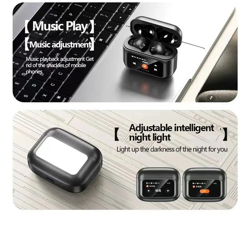 Black wireless earbuds in a charging case with LED display, music controls, and adjustable night light feature, shown on a laptop and light-colored surface.