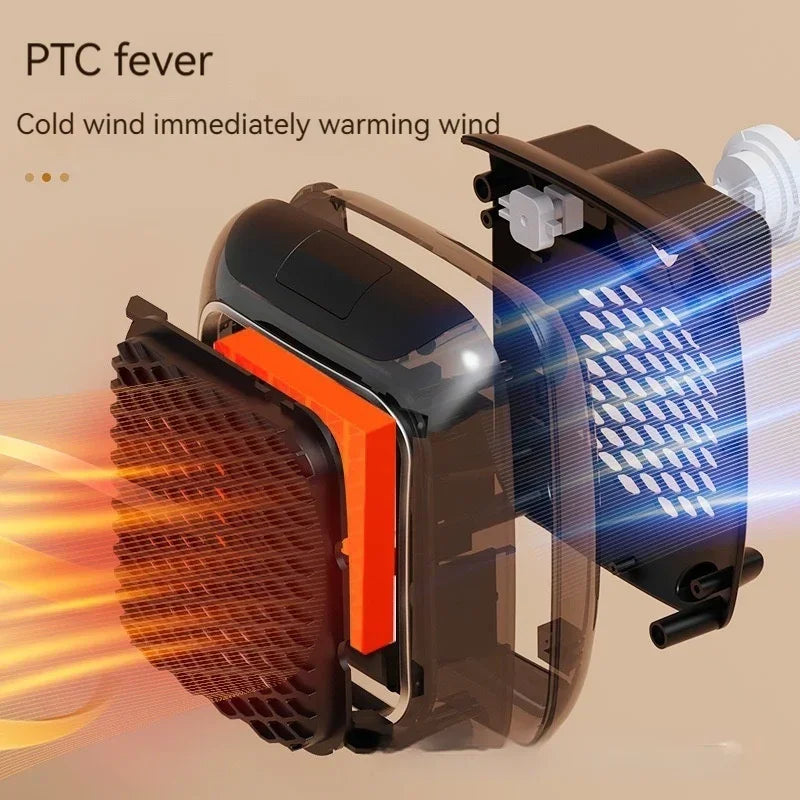 Exploded view of compact PTC ceramic heater, black casing, showing airflow and heat element.