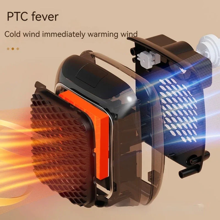 Exploded view of compact PTC ceramic heater, black casing, showing airflow and heat element.