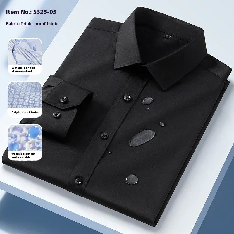 Black slim-fit dress shirt with water droplets, waterproof, wrinkle-resistant fabric