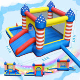 Colorful inflatable bounce house with slide, star pattern, red, blue, and yellow material