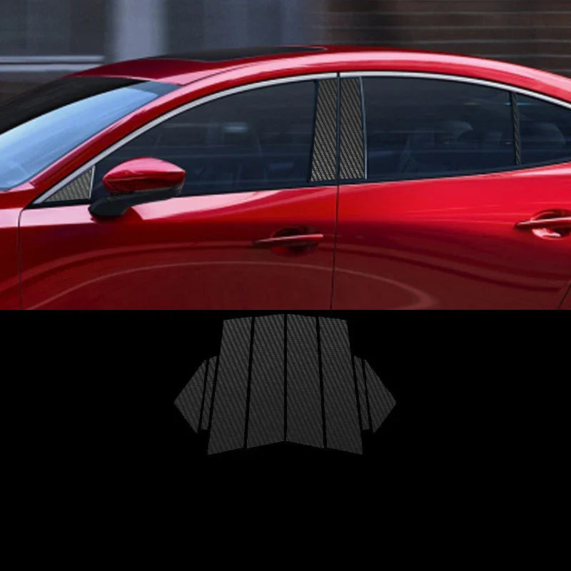 Black carbon fiber texture car door pillar trim on red sedan, modern automotive accessory