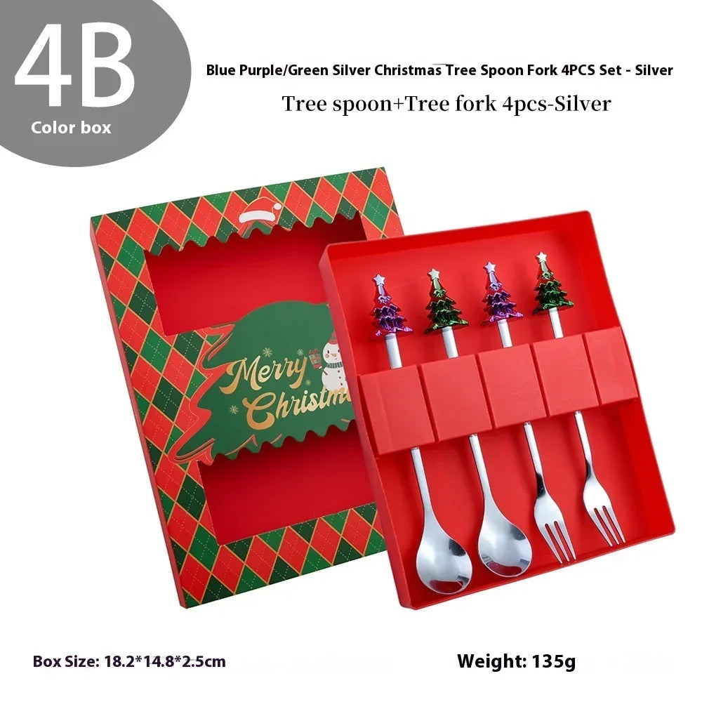 Christmas tree shaped silver spoon and fork set in festive red gift box, assorted colors