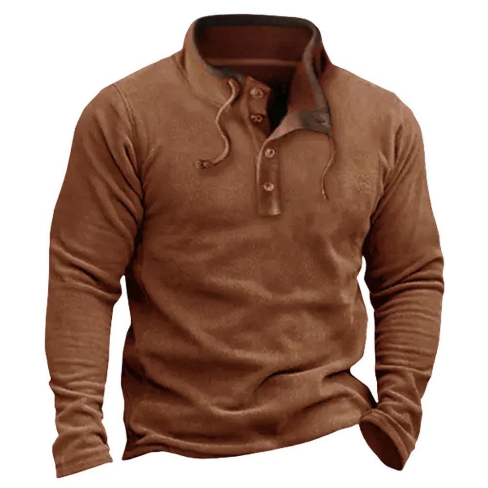 Brown long sleeve fleece pullover with button-up collar and relaxed fit, casual streetwear style