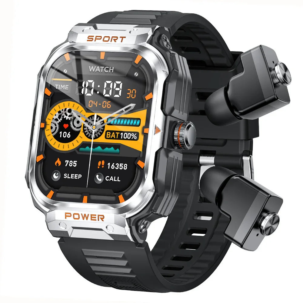 Futuristic black and silver smartwatch with rugged strap, digital display, and built-in earbuds