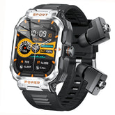 Futuristic black and silver smartwatch with rugged strap, digital display, and built-in earbuds