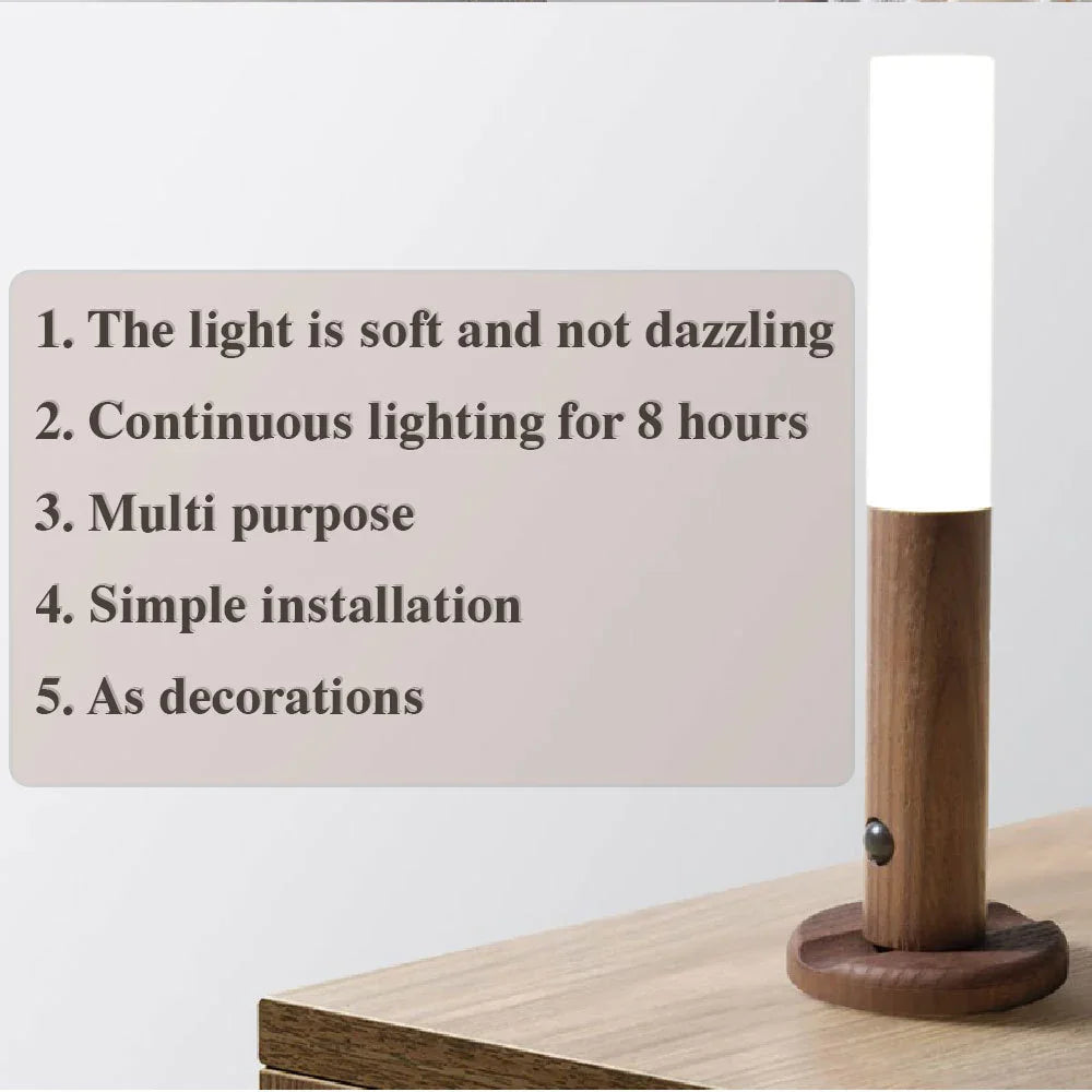 Modern LED table lamp with wooden base, soft white light, minimalist design, on desk.