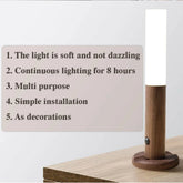 Modern LED table lamp with wooden base, soft white light, minimalist design, on desk.