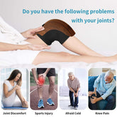 Person wearing black fitted knee wrap with wood-look heating pad, lounging on bed.