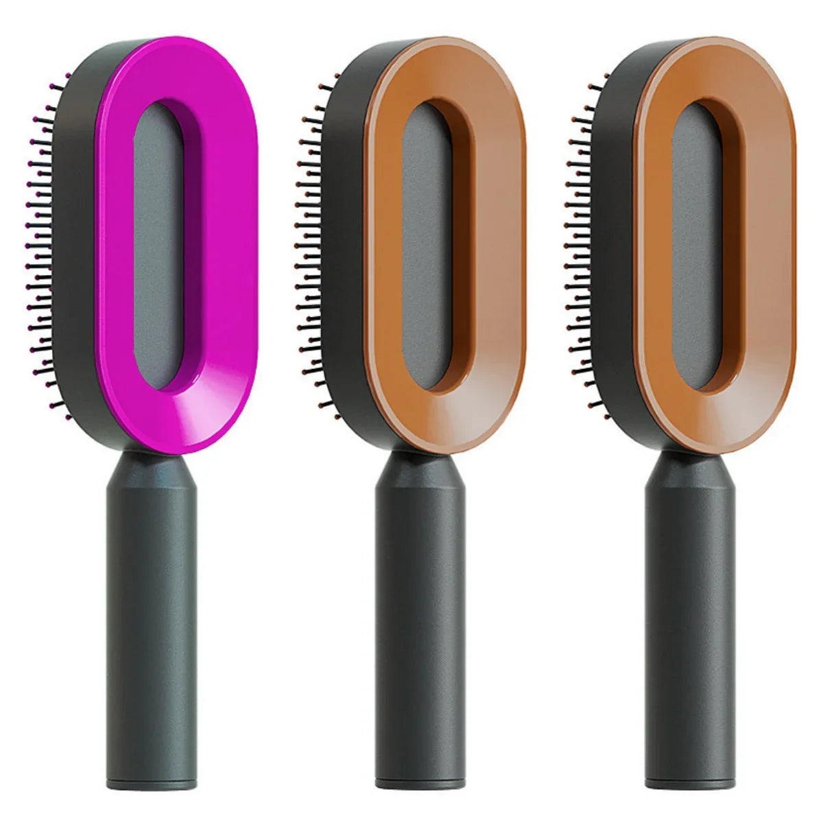 Three modern oval hairbrushes with colorful frames and black ergonomic handles