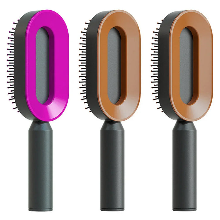 Three modern oval hairbrushes with colorful frames and black ergonomic handles