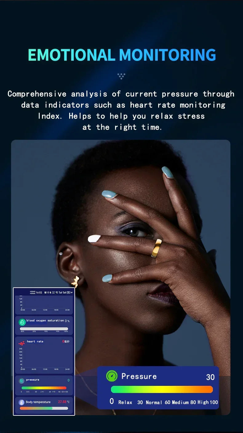 Woman with short afro and blue, white nails wearing gold ring, futuristic streetwear style