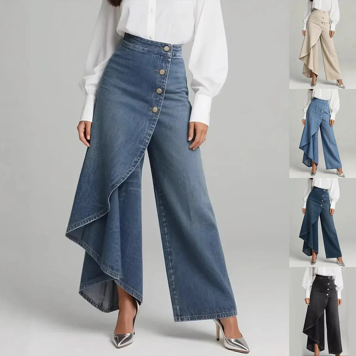 Asymmetrical wide-leg high waist pants in denim and neutral tones, button front, loose fit