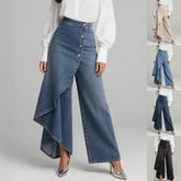 Asymmetrical wide-leg high waist pants in denim and neutral tones, button front, loose fit