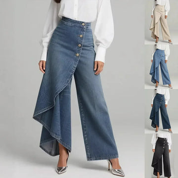 Asymmetrical wide-leg high waist pants in denim and neutral tones, button front, loose fit