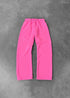 Bright pink fleece sweatpants with elastic waistband, relaxed fit, laid flat on gray background