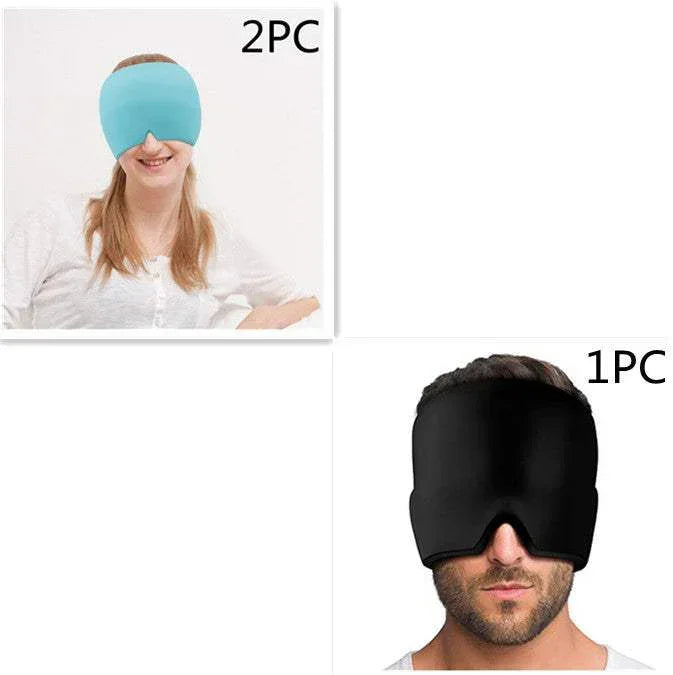 Man and woman wearing oversized soft sleep masks, one black and one blue, with full face coverage