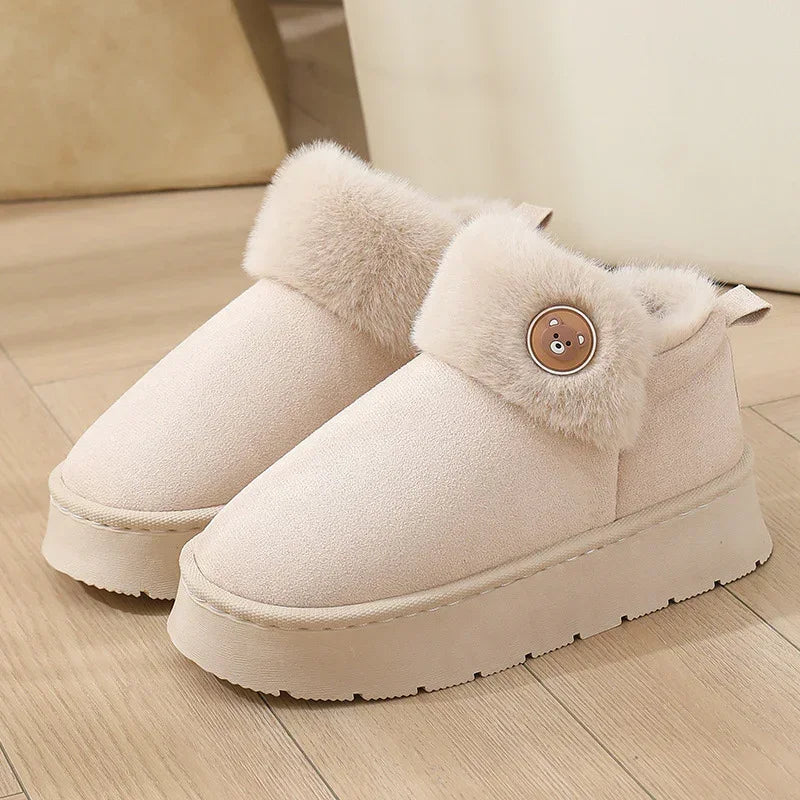 Beige suede winter slippers with faux fur lining and button detail, thick sole, cozy fit