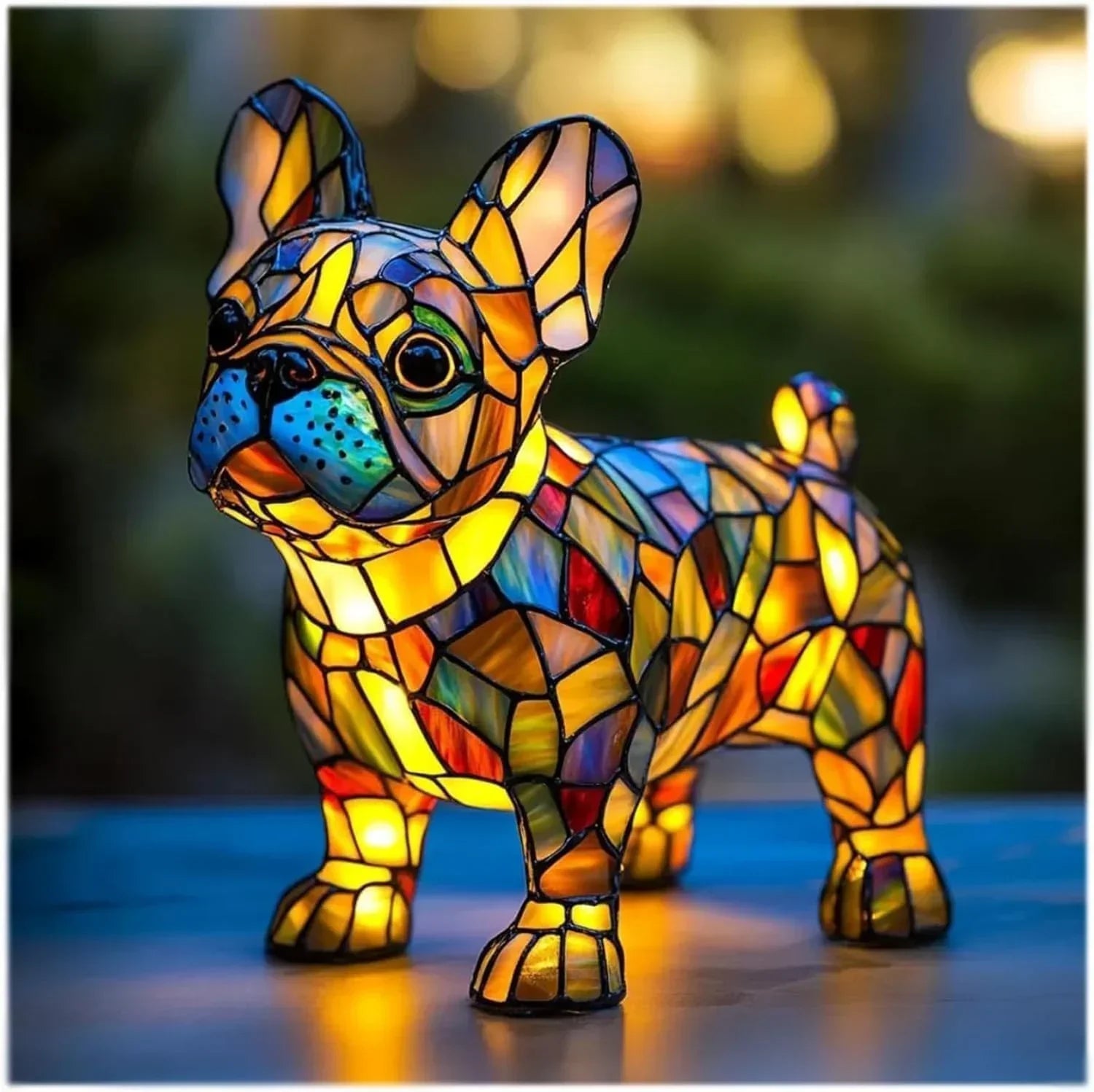 Colorful stained glass French bulldog lamp with mosaic pattern, glowing in warm light