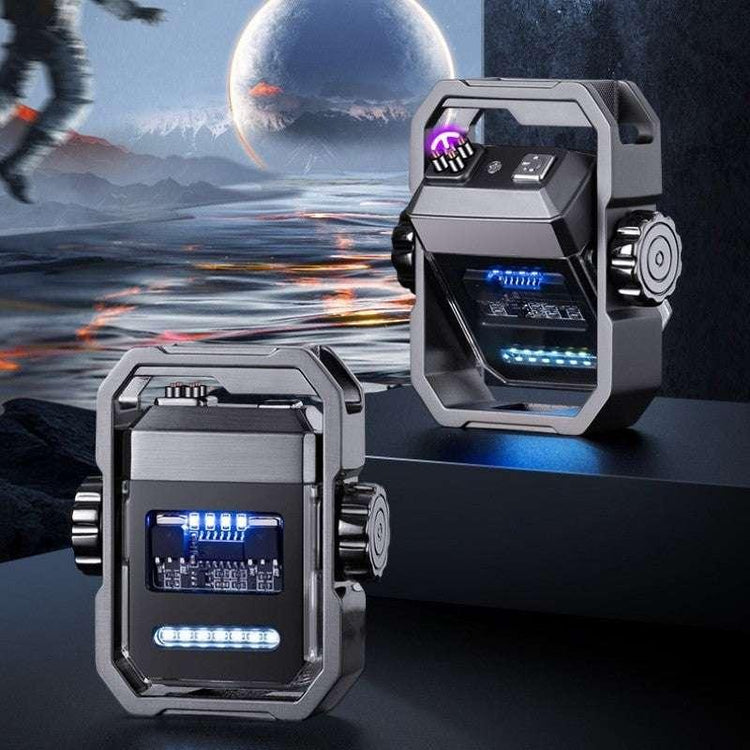 Futuristic metallic tech gadget with LED lights and digital display, sci-fi inspired design