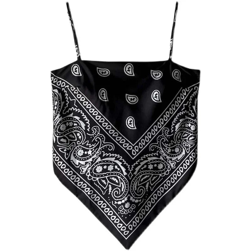 Black bandana print camisole top with paisley pattern and thin straps, streetwear style