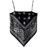 Black bandana print camisole top with paisley pattern and thin straps, streetwear style