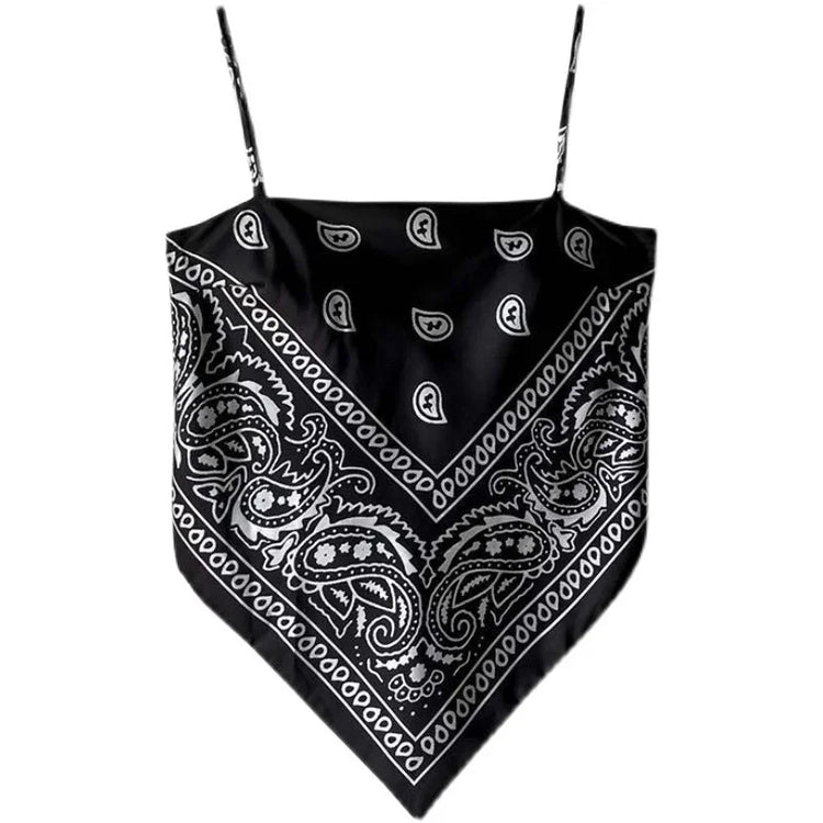 Black bandana print camisole top with paisley pattern and thin straps, streetwear style