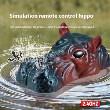 Realistic brown and black remote control hippo head toy with water spraying effect in a pond.