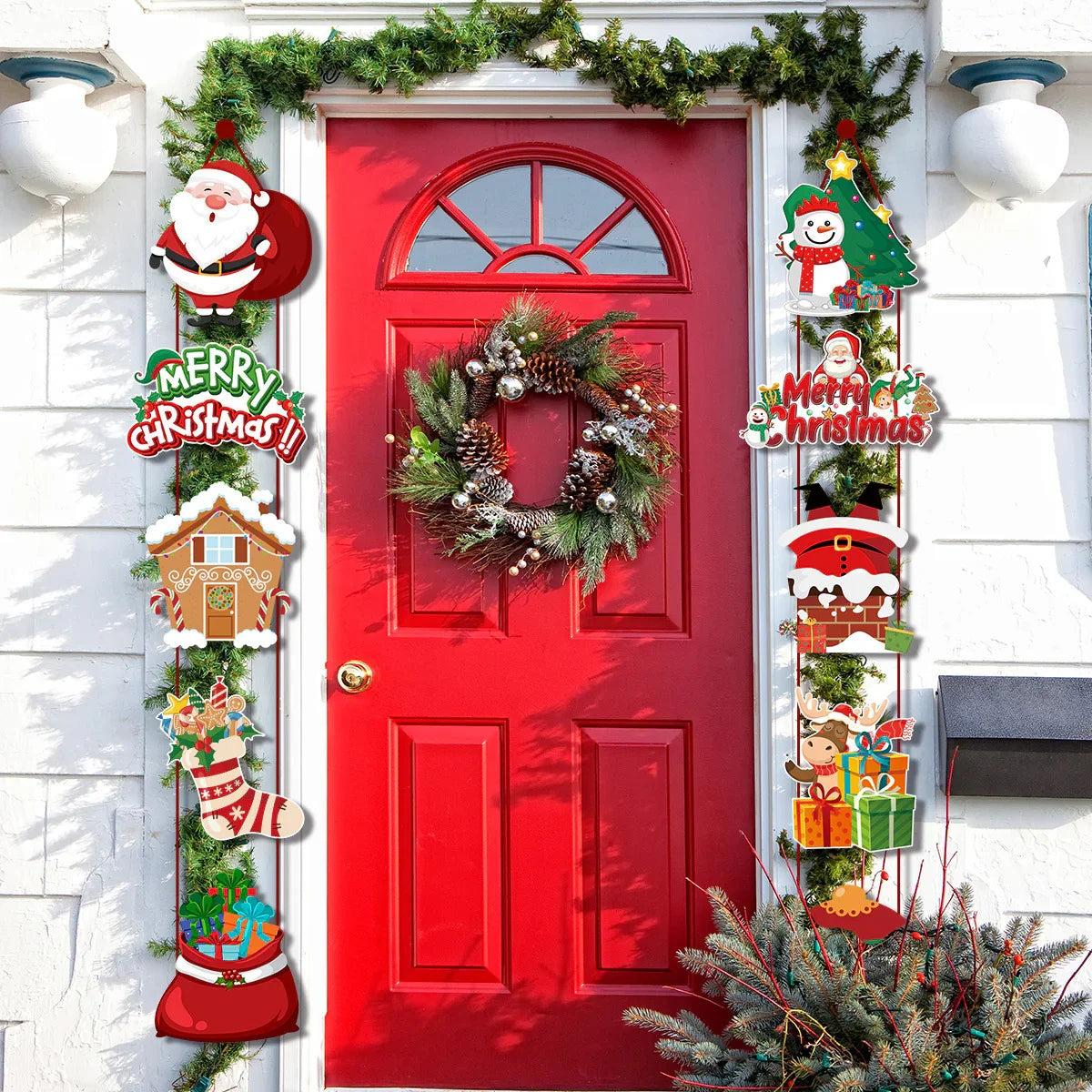 Red front door with Christmas wreath, pine garlands, and festive holiday decorations.