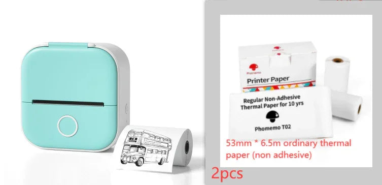 Compact mint green thermal printer with non-adhesive 53mm thermal paper rolls, tech accessory