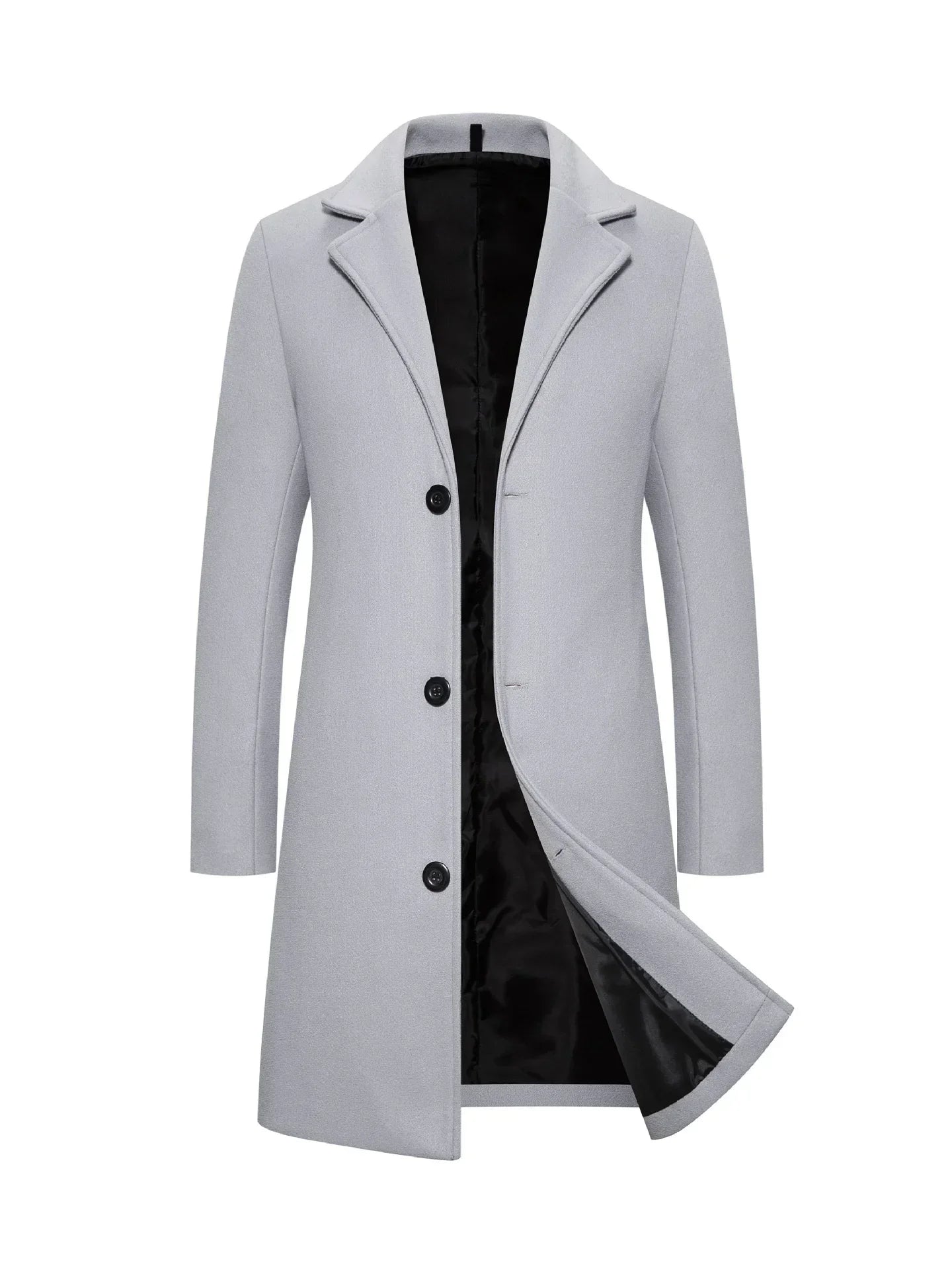 Light grey long coat with black lining, tailored fit, three-button closure, modern minimalist style