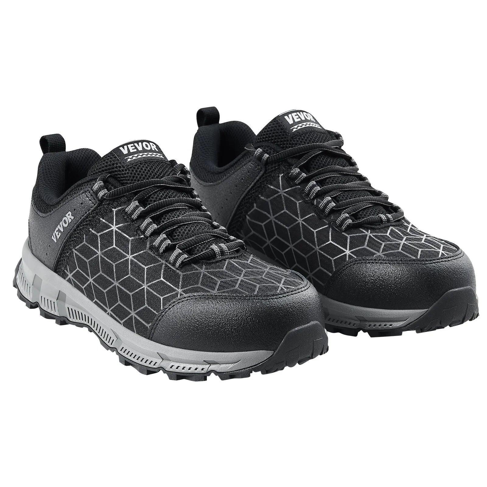 Black geometric low-top sneakers with mesh panels and textured rubber soles, athletic style.