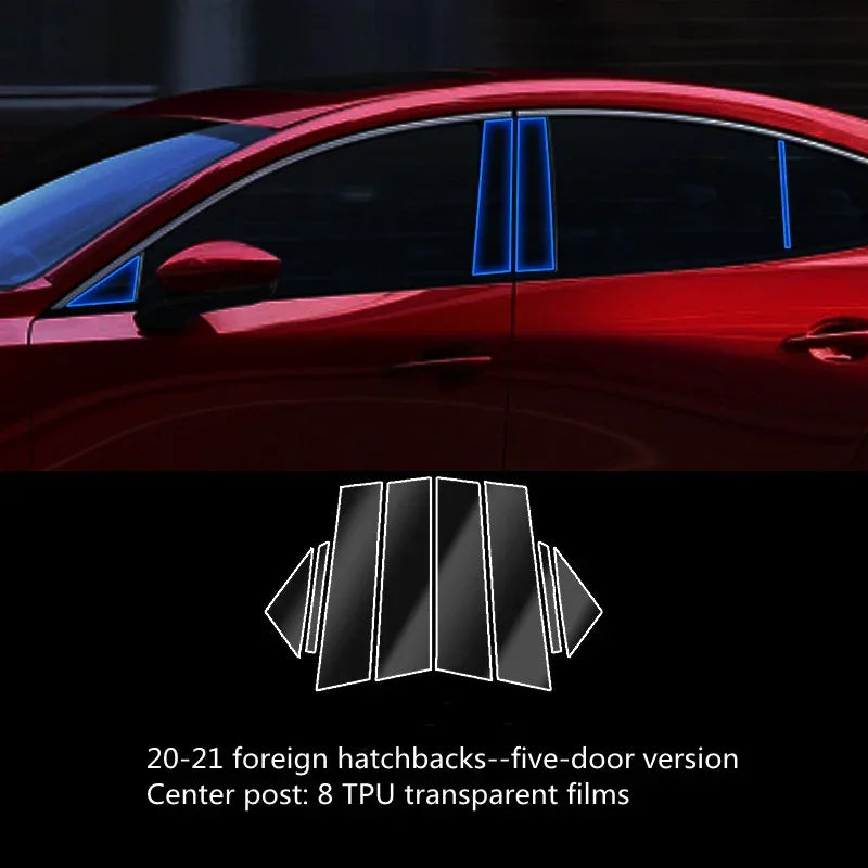 Red five-door hatchback with TPU transparent window pillar films applied, futuristic style.