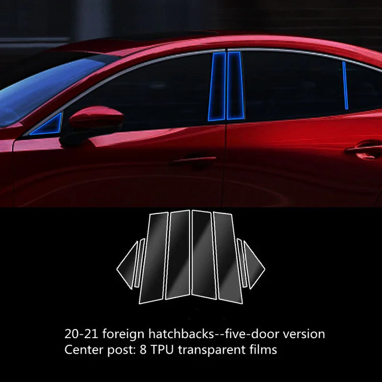 Red five-door hatchback with TPU transparent window pillar films applied, futuristic style.