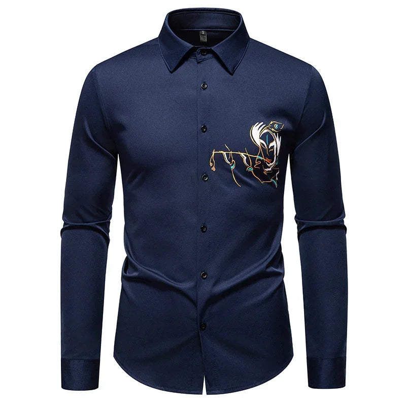 Navy blue slim-fit long sleeve button-up shirt with abstract embroidered chest design