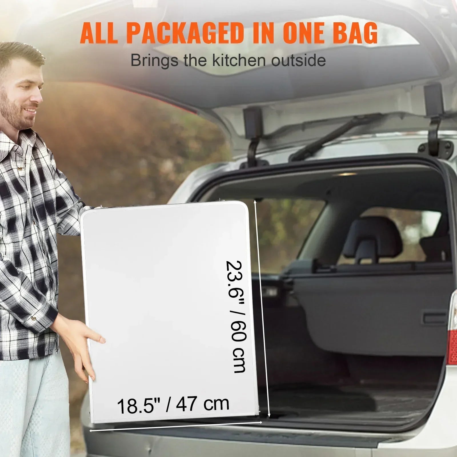 Man wearing a black and white plaid long-sleeve shirt with a relaxed fit, loading a foldable rectangular bag into an SUV.